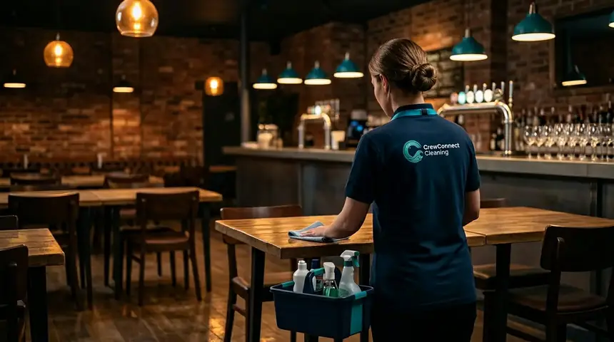 CrewConnect Cleaning CrewConnect operative wiping down tables in a bar and restaurant interior before opening
