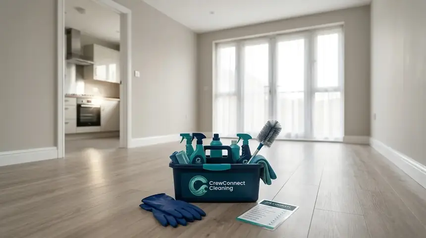 CrewConnect Cleaning Cleaning caddy and gloves set down on the floor of an empty property ready for a turnaround clean