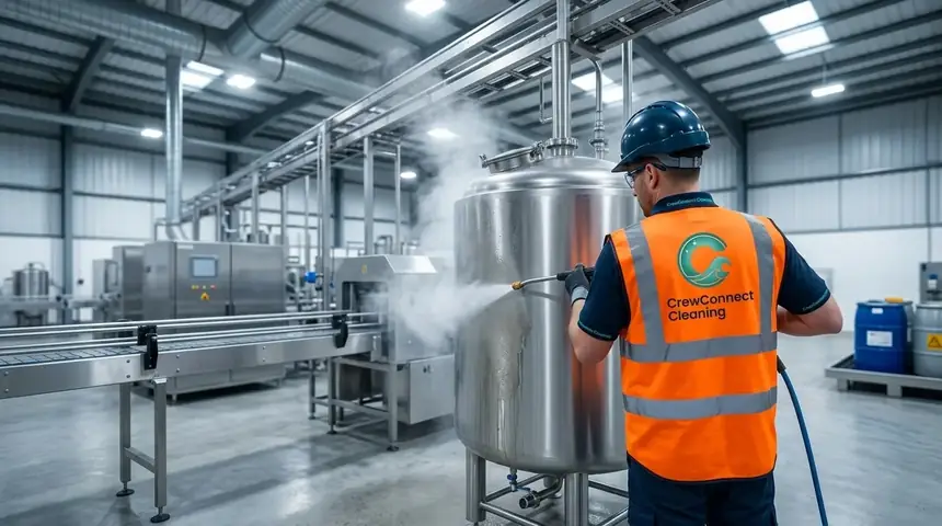 CrewConnect Cleaning Operative in hi-vis pressure washing a stainless process vessel in a production hall