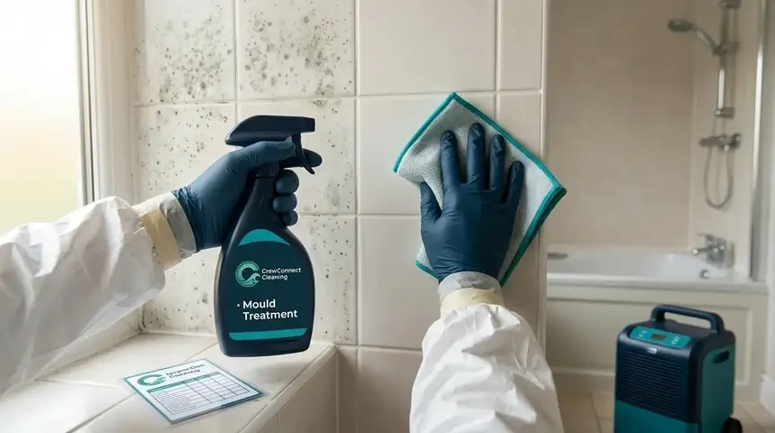 CrewConnect Cleaning Operative in protective coveralls wiping mould treatment onto tiling beside a dehumidifier