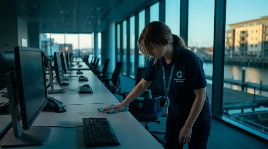 CrewConnect Cleaning CrewConnect operative wiping down a run of desks and keyboards along a glazed office wall
