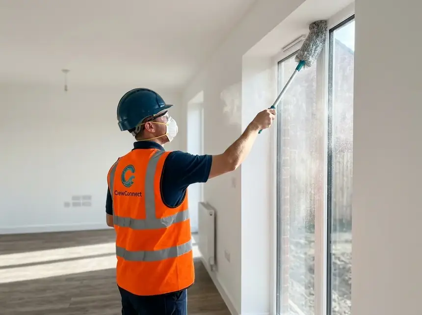 CrewConnect Cleaning Operative in hi-vis, hard hat and mask dusting a window reveal in an empty newly finished room