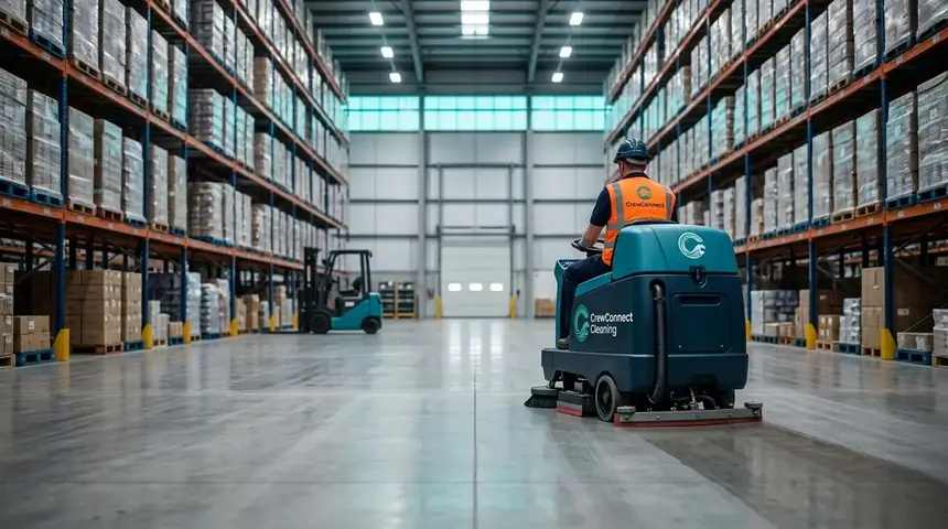 CrewConnect Cleaning Operator on a ride-on floor scrubber cleaning a warehouse floor between racking with a forklift beyond